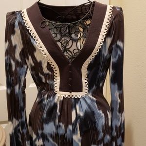 BCBG Brown/Blue/Cream Print L/S dress